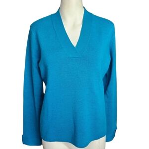 Sarah Spencer 100% Italian Merino Wool V-Neck Sweater Sz Large Blue